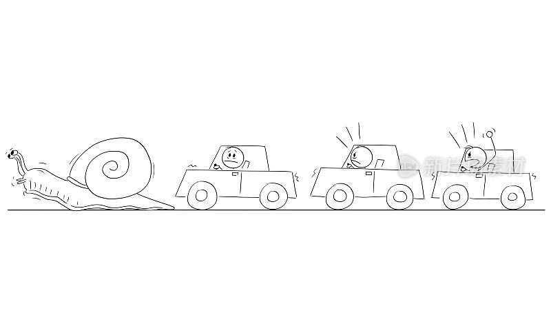 愤怒的汽车司机在交通堵塞或拥堵后面慢蜗牛，矢量卡通棍子图插图