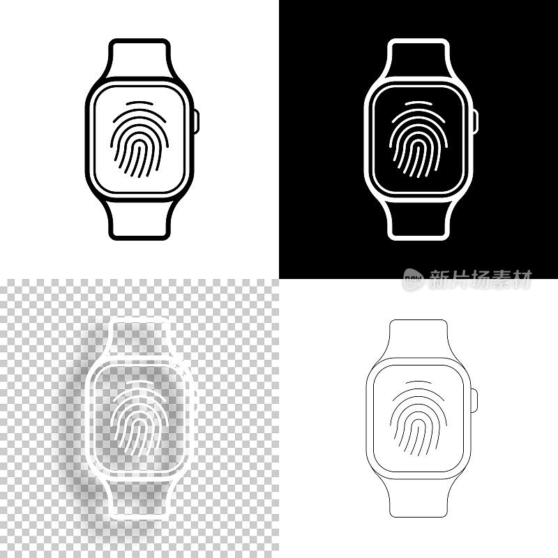 Smartwatch指纹。图标设计。空白，白色和黑色背景-线图标