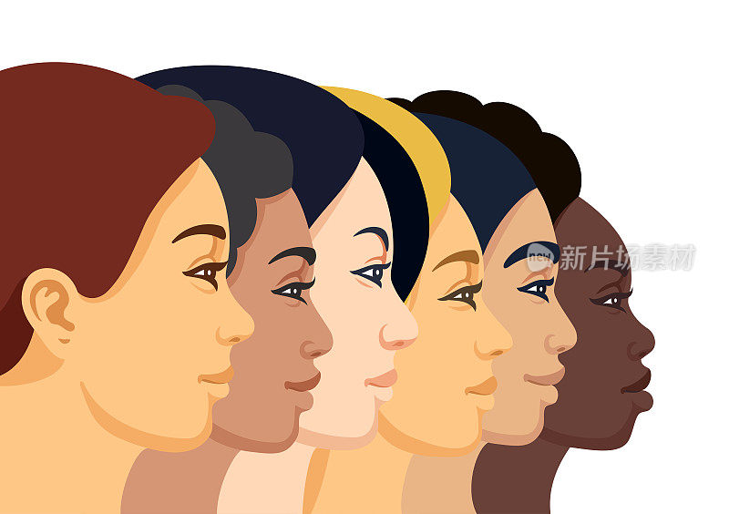 女人的脸。多种族妇女群体。女性化的概念。
