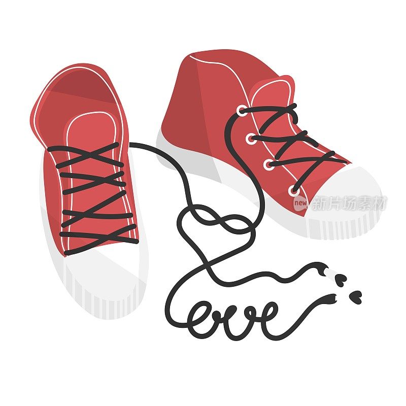 红色的运动鞋和鞋带使字爱。所有情侣的一天。情人节贺卡。矢量插图。印刷、海报、纺织品、纸张设计。孤立。