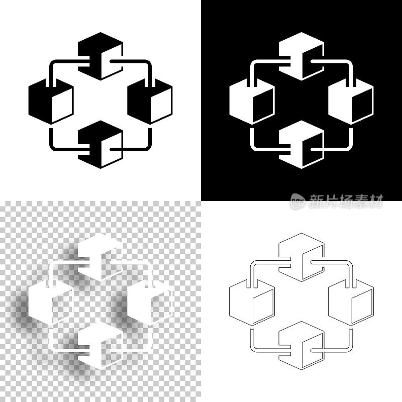 区块链技术。图标设计。空白，白色和黑色背景-线图标