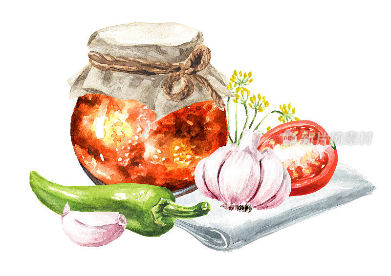 自制罐装蔬菜水彩手绘插图孤立在白色背景