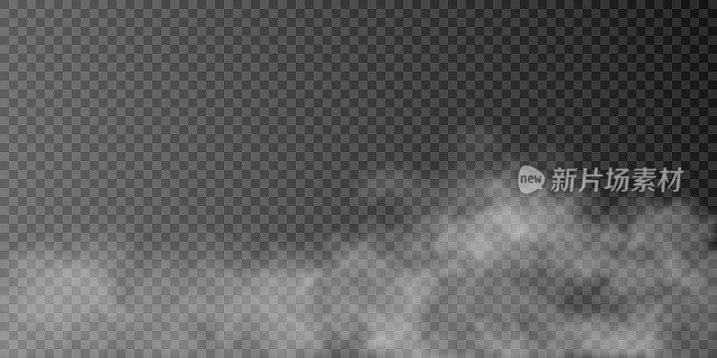 半透明的烟雾隔离在透明的背景上。蒸汽效果特效。矢量纹理的蒸汽，雾，云，烟。