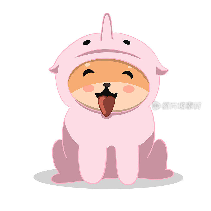 柴犬穿着粉红色的海豚服，享受着生活