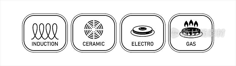 图标:感应，陶瓷，电，气体。用于炊具和烤箱的感应用途。表示炊具的表面。矢量插图，孤立在白色背景上