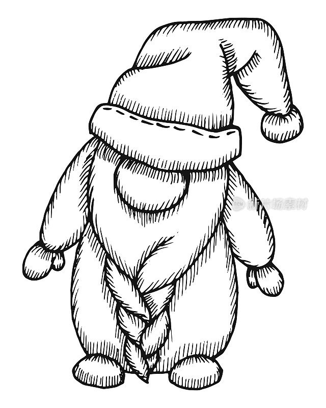 圣诞精灵或侏儒。矢量手绘，一个戴着大帽子的小胡子男人的插图。节日新年的侏儒