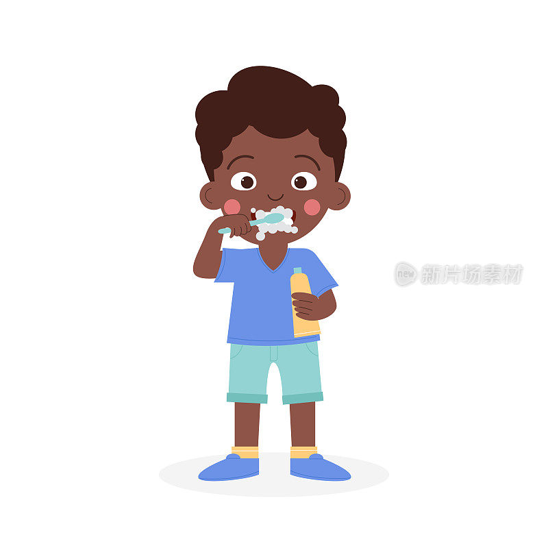 一个黑皮肤的非裔美国男孩正在刷牙。全国儿童牙齿健康月