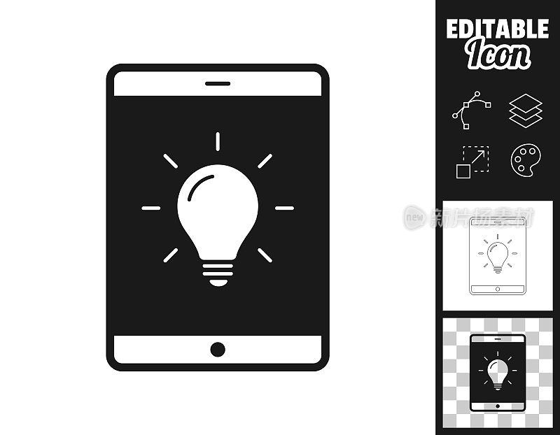 带灯泡的平板电脑。图标设计。轻松地编辑