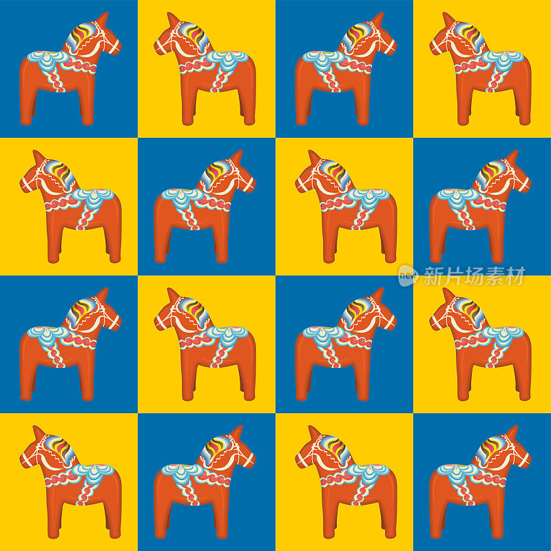 瑞典文化的象征，Dalahäst(英语达拉马)。无缝图案上的黄色和蓝色，瑞典国旗的颜色。矢量插图。