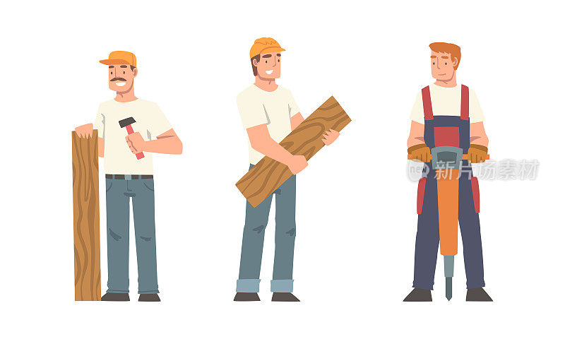 建筑工人。男子建设者在制服与钻和木板卡通矢量插图