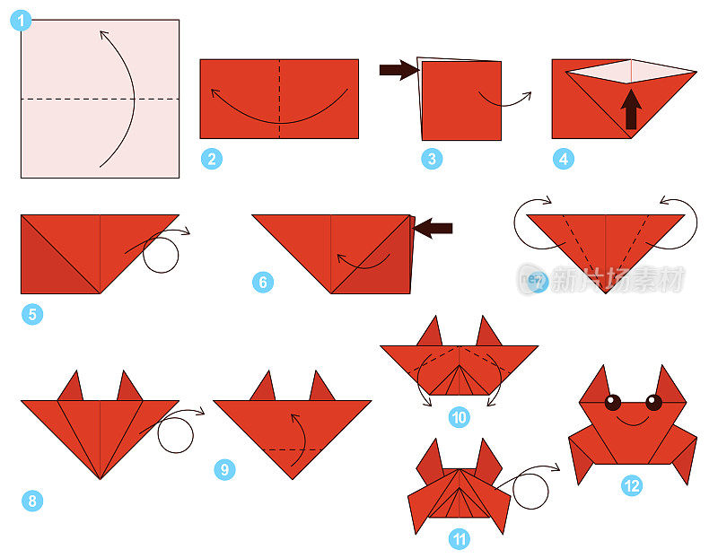螃蟹折纸方案教程移动模型。为孩子们折纸。一步一步做一个可爱的折纸螃蟹。矢量插图。