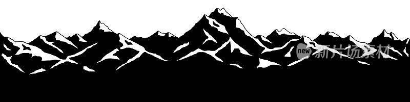 白雪皑皑的山峰，山脉全景，黑白分明