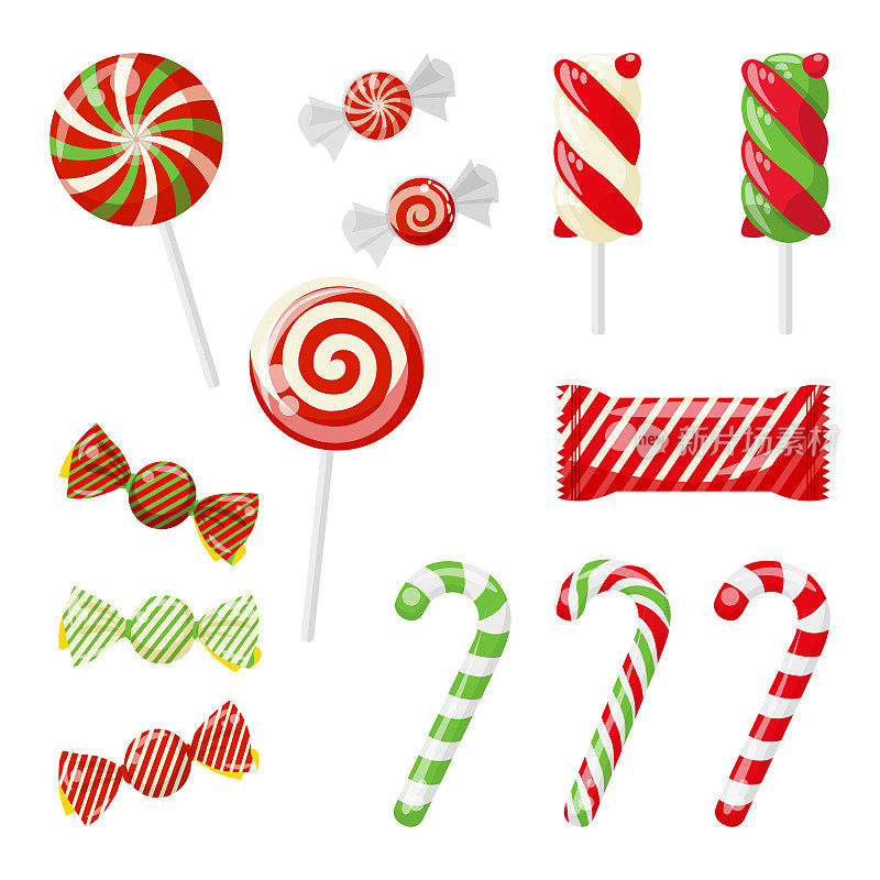 圣诞节和新年的一套不同类型的糖果。棒棒糖