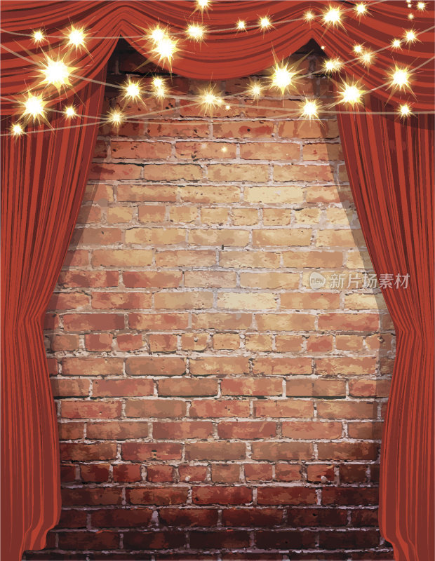 剧场舞台采用纯朴的砖墙，配有优雅的串灯、帘子