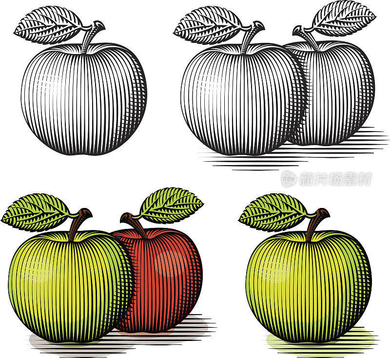 刻着红绿苹果。