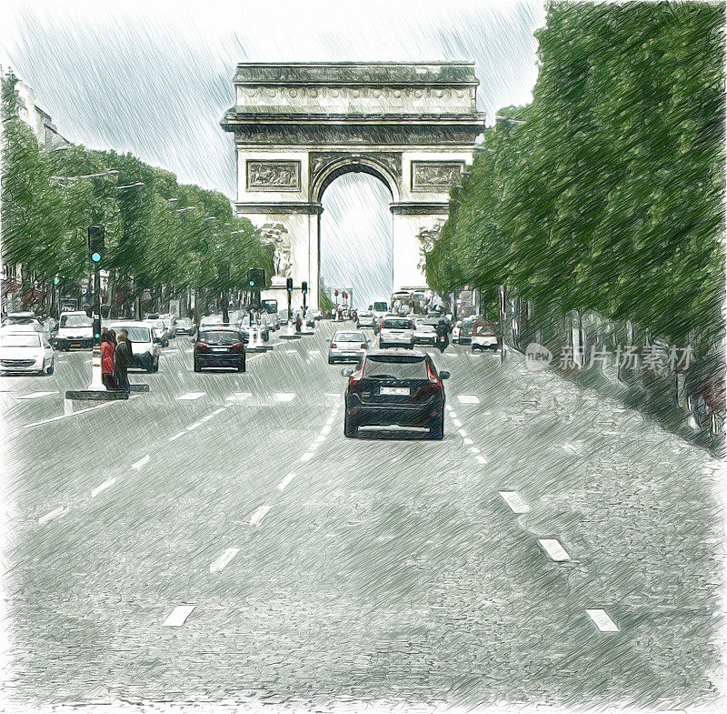 巴黎香榭丽舍大街凯旋门。数码插图