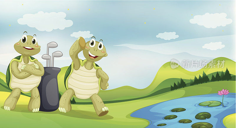 两只乌龟在河边