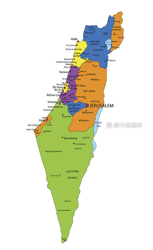 彩色的以色列政治地图清楚地标记层。