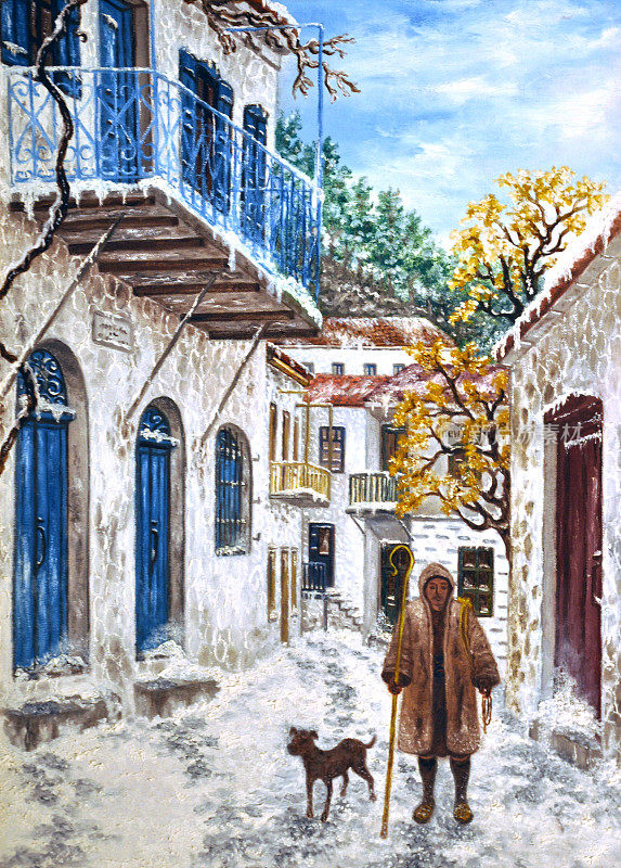 画布上的油画——积雪的乡村小路