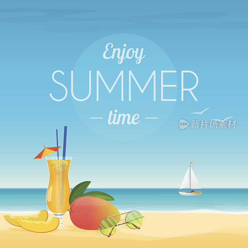 夏季矢量插图海报的鸡尾酒和芒果与太阳镜在海滨与享受夏季时间的话。