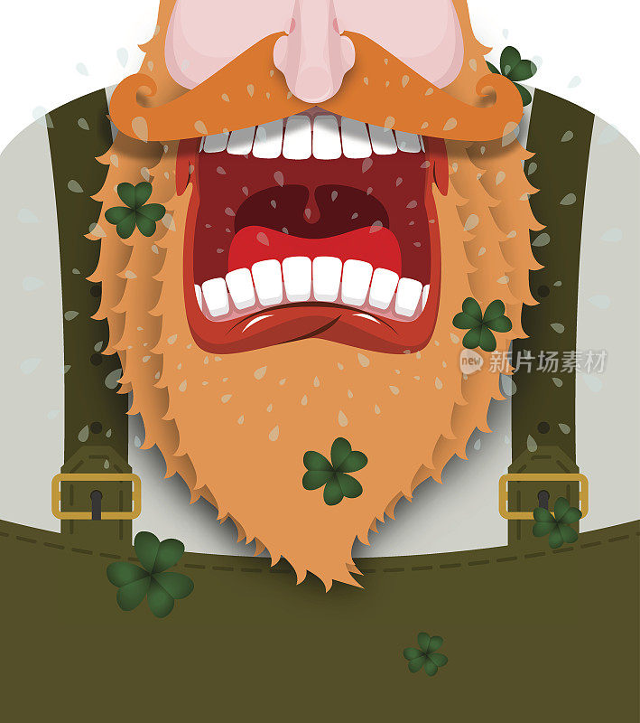 小妖精的尖叫声。可怕的侏儒红胡子叫道。愤怒的矮喊。爷爷穿着绿色外套。张开你的嘴和牙齿。圣帕特里克节插图。爱尔兰国定假日
