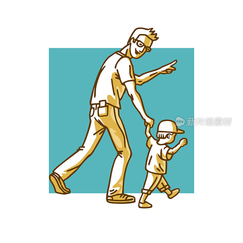 父亲和儿子。戴眼镜的爸爸和带帽子的小宝宝走路。男人用手指指向运动方向。