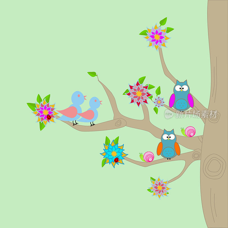 树上有花，猫头鹰，小鸟和瓢虫