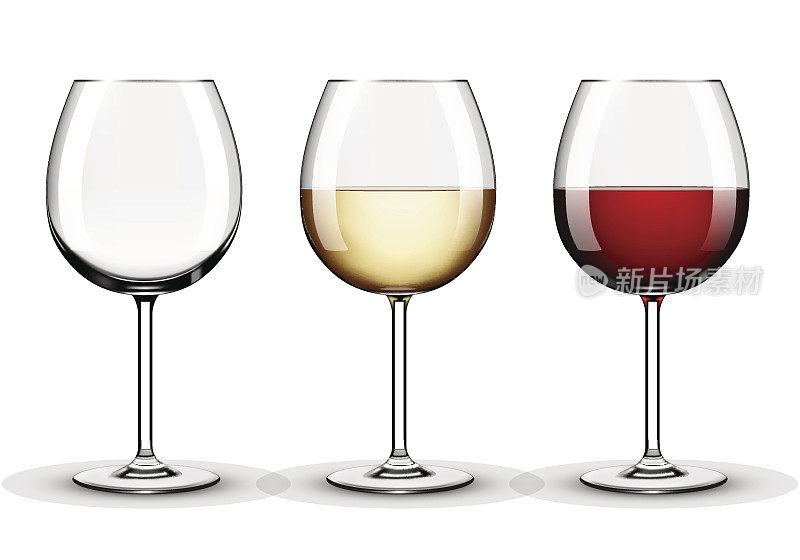 酒杯——空的，红酒和白葡萄酒
