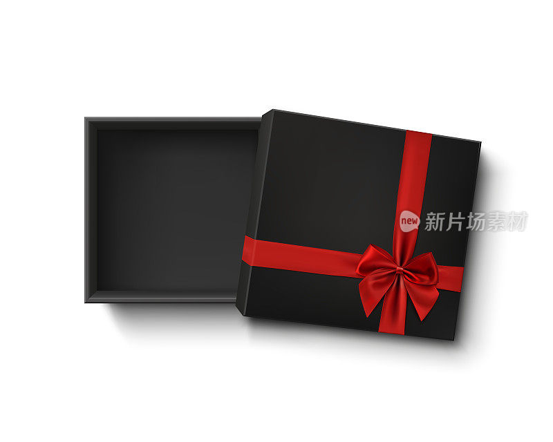 打开黑色空礼盒与红色丝带和蝴蝶结。