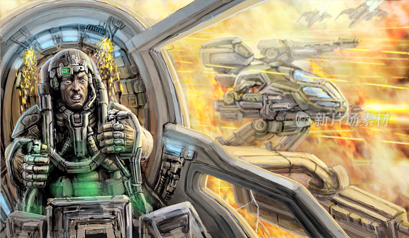 穿着宇航服的战士在一辆战车的驾驶舱里。科幻小说