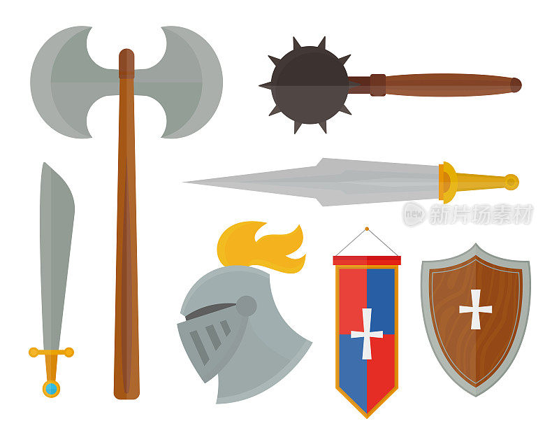 骑士符号中世纪武器纹章骑士元素中世纪王国齿轮骑士矢量插图