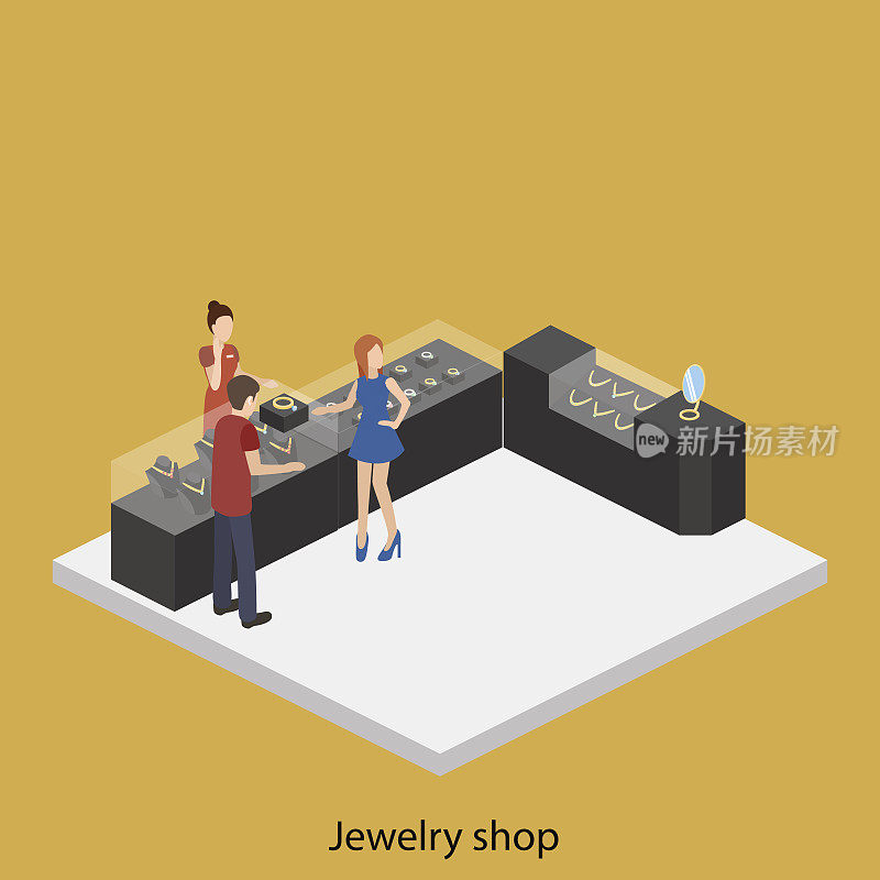 等距平面三维概念矢量插图珠宝店内部。