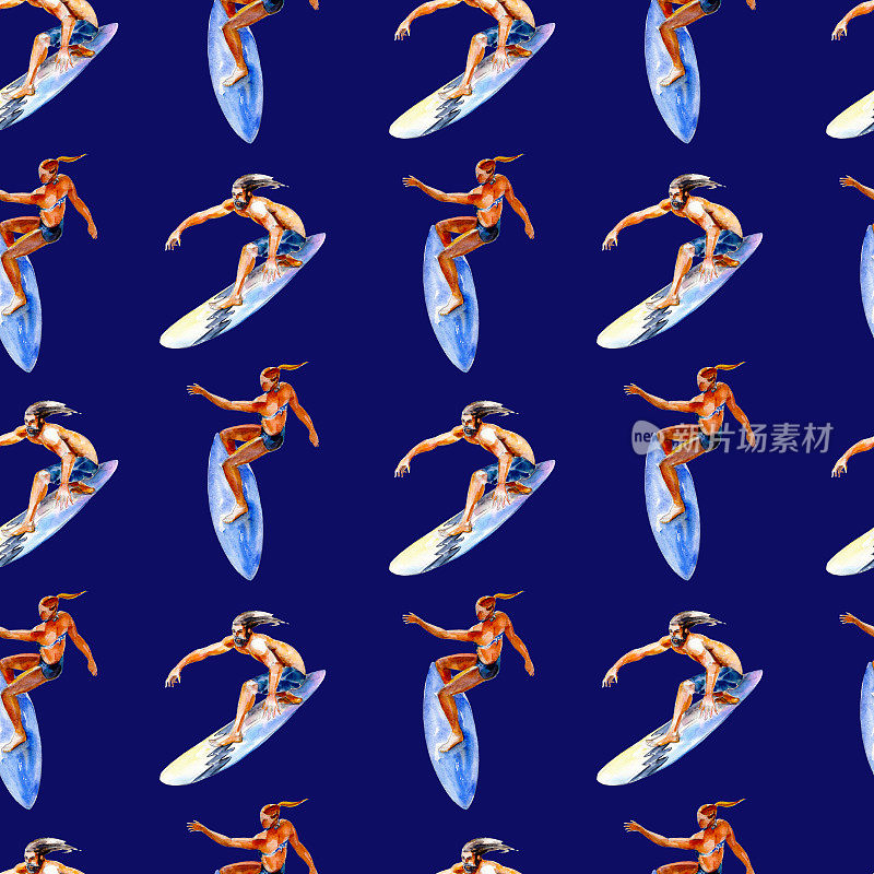 水彩无缝模式与冲浪者的蓝色背景，明亮的手绘夏季背景。