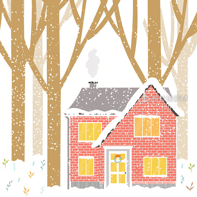 抽象圣诞背景有冬屋、森林、信件