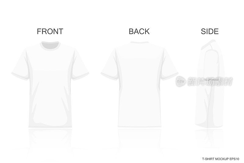 白色t恤孤立在灰色背景，正面背面的观点，为您的创意设计图案的衬衫，模型的展示广告，插图向量