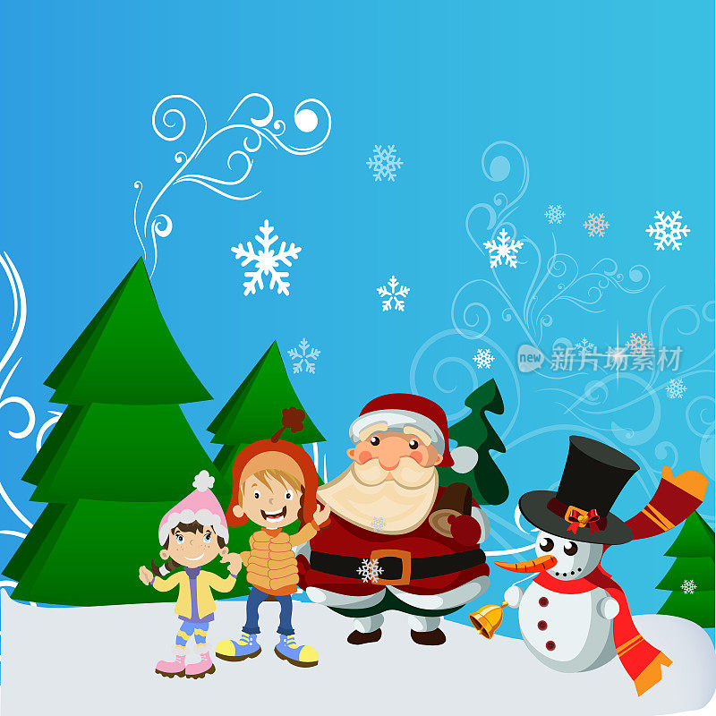 圣诞老人和孩子在圣诞雪景。