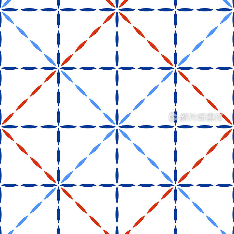 蓝红白绗缝织物几何缝线无缝图案，矢量