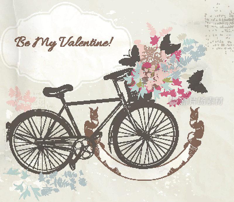矢量插图与手绘自行车和花
