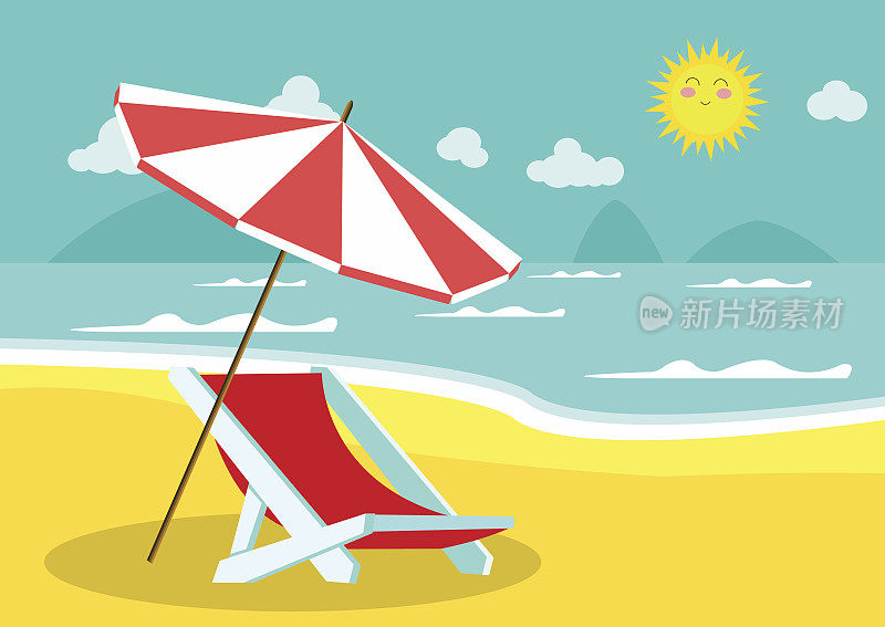 带伞和沙滩椅的海景。暑假概念背景。向量。