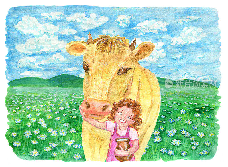 奶牛和女孩拿着一罐牛奶在田野里