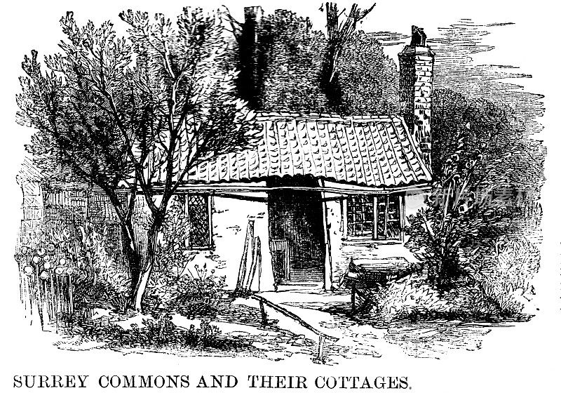 萨里下议院一幢别墅的维多利亚时代版画;19世纪的乡村生活和村舍