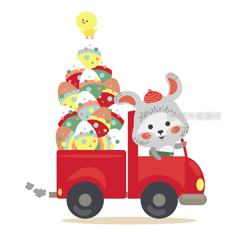 复活节兔子驾驶装满装饰彩蛋的卡车，猎人可爱的白兔驾驶汽车，快乐的节日矢量贺卡，野兔狩猎彩蛋孤立的春天插图