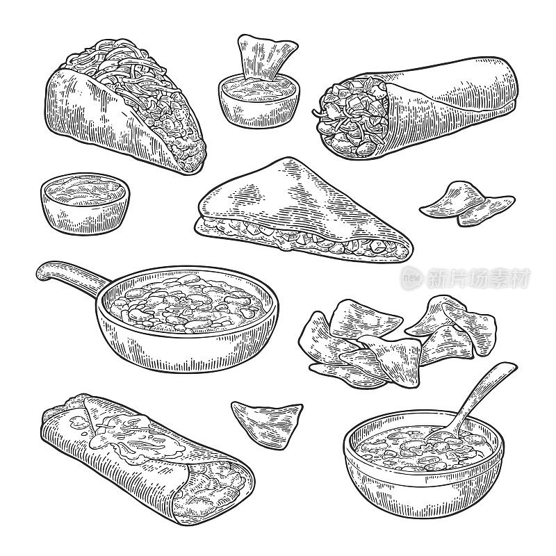 墨西哥传统食物集短信，玉米煎饼，玉米饼，辣椒，番茄，玉米片。
