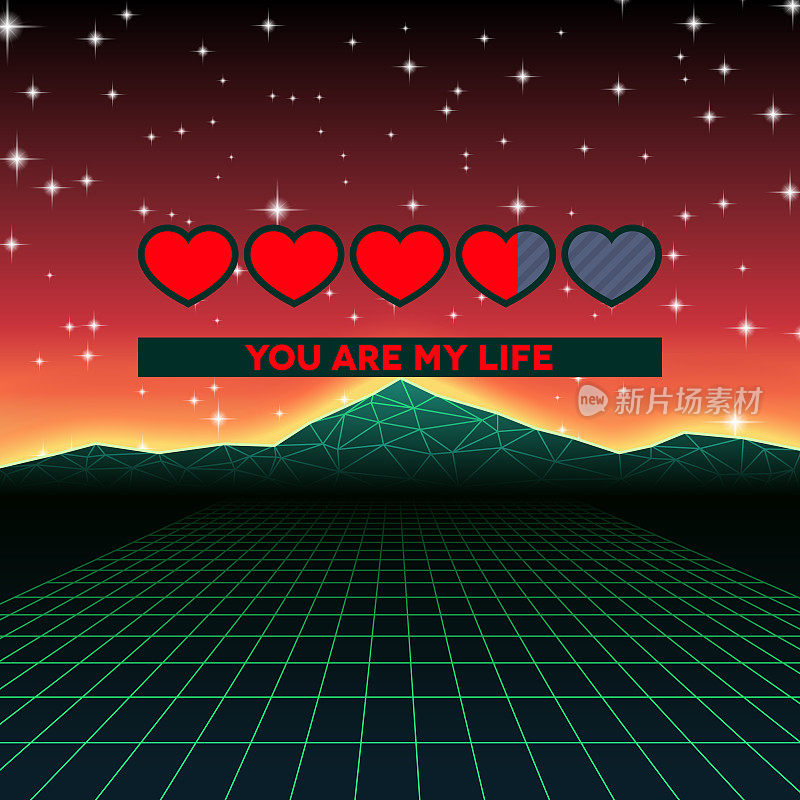 情人节爱心主题复古游戏卡与80年代风格霓虹灯景观和生活加载状态栏