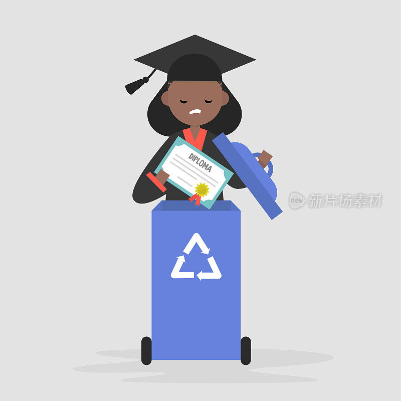 教育的危机。失望的黑人女毕业生扔掉了文凭。废纸回收容器。平面可编辑矢量插图，剪辑艺术
