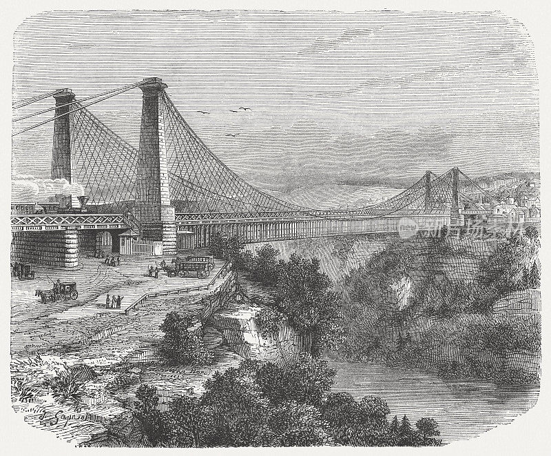 尼亚加拉瀑布悬索桥，建于1851-1855年，木刻，1876年出版