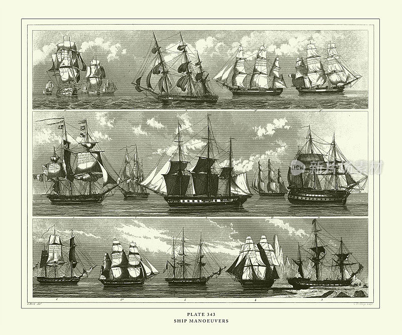 雕刻古董，船舶操纵雕刻古董插图，1851年出版
