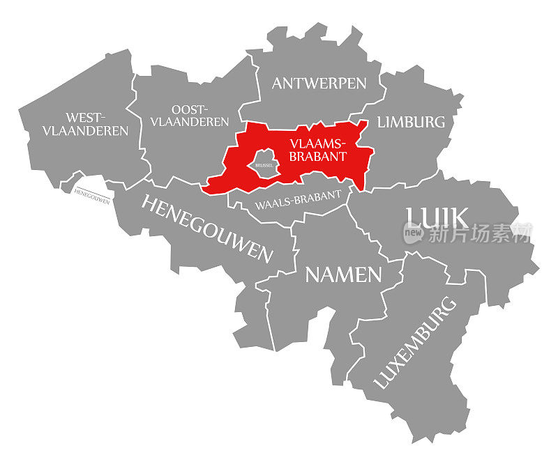 比利时地图上佛兰芒布拉班特的红色高亮显示