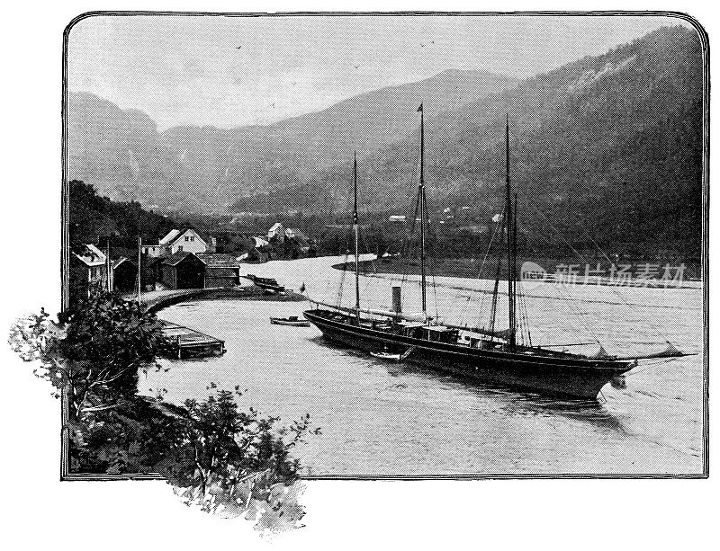 一艘高大的船停泊在挪威松格峡湾的拉尔达尔索里村――19世纪