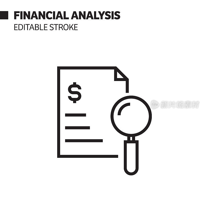 财务分析线图标，轮廓矢量符号插图。完美像素，可编辑的描边。
